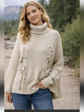 Betsey Johnson Cream Cable-Tie Turtleneck Sweater